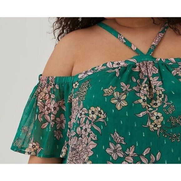 Torrid Womens Plus Size 2 Cold Shoulder Halter Top Crinkle Chiffon Floral Green - Picture 5 of 7